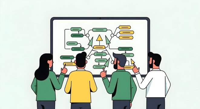 Diverse team collaborates on complex flowchart projected on a large screen, symbolizing strategic planning and problem-solving for business growth.
