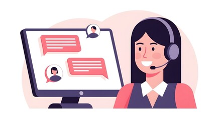 Friendly customer service representative assisting clients with chat messages on a modern computer screen, conveying helpfulness and connection