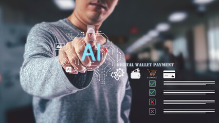 A man touches an AI brain icon on a virtual screen for digital wallet payment and e-commerce, representing the future of fintech innovation and secure online transactions in a modern setting.