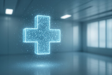 Obraz premium Holographic glowing medical cross symbol floating in futuristic room with blue light and ai medical technology concept for healthcare innovation and digital health solutions