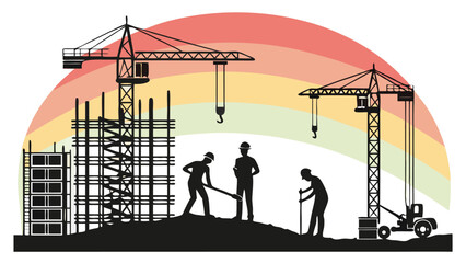Construction Workers Silhouette:  Two Tower Cranes, Building Under Construction, Retro Rainbow Background,  Hopeful and Optimistic Mood,  Industrial Design,  Modern Architecture,  Teamwork Concept.