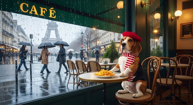 A beagle dog in a beret and scarf enjoys french fries at a Parisian cafe on a rainy day, overlooking the Eiffel Tower.