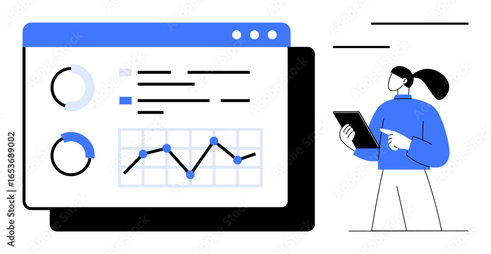 Poster digital dashboard featuring charts, graphs, and data analytics, reviewed by a person with a tablet. 