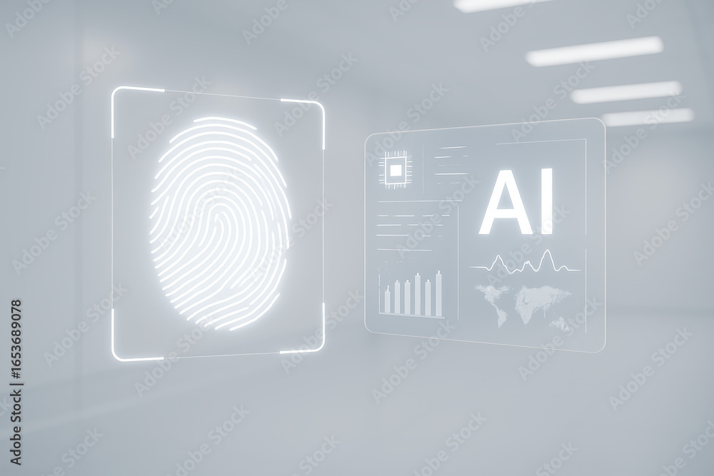 Poster glowing biometric fingerprint scan with ai interface in clean white medical space, futuristic techno