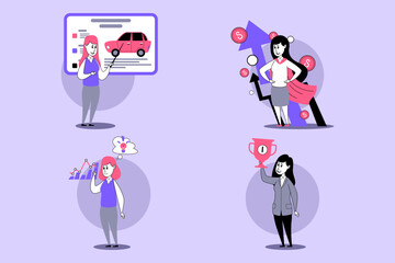 Group of four women engaged in diverse professional activities. They showcasing car sales, data analysis, marketing success, and award achievement in colorful modern design