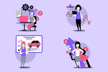 Vibrant illustration of women engaged in various professional tasks, showcasing skills in finance, technology, and business analysis in modern office setting