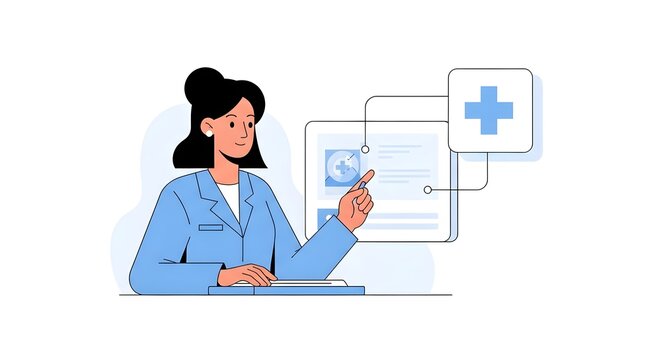 Confident female doctor explaining medical data on digital screen with healthcare icons for modern healthcare presentation