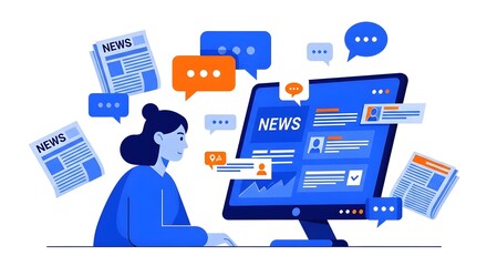 Person engaging with online news and social media updates on computer, surrounded by digital communication bubbles and newspapers