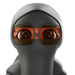 3D Render 3d illustration of a hooded spy character wearing orange goggles; adaptable for tech, gaming, or branding promotions.