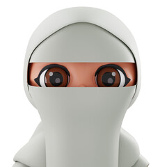 3D Render Minimal 3D ninja figure in white hood with large eyes; suitable for branding, tech, gaming, and promotional graphics.