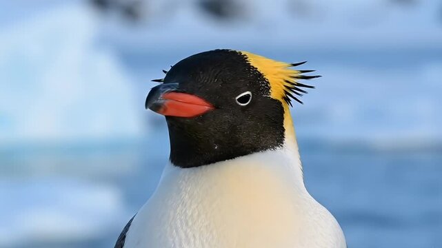 A penguin with black head white body red beak and yellow crest stares left against a blurred icy snowy backdrop