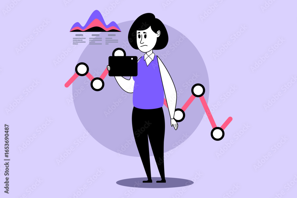 Poster woman standing and holding tablet, looking concerned while observing data trends represented by red 