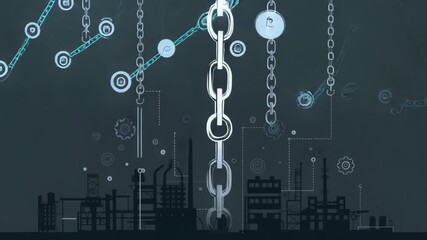 A chain is hanging from the sky above a city. The chain is connected to a building. Clean infographic with factory silhouette icon wrapped in chain, supply chain disruption, muted dark navy grey style - Powered by Adobe