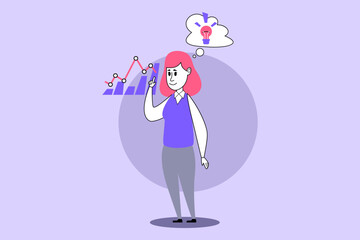 Woman standing confidently, holding pen and looking at growing graph. Insight and analysis concept
