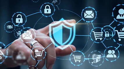 Hand Touching Blue Shield with Security Icons in Dark Background Depicting Data Protection and Cybersecurity for Online Safety - Powered by Adobe