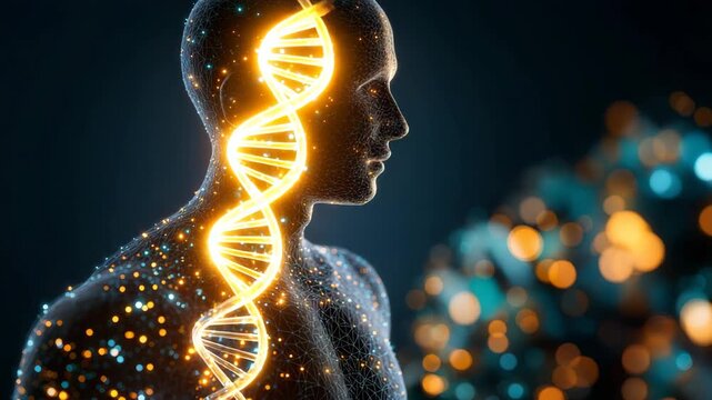 Abstract conceptual illustration of glowing human silhouette with vitamin icons, food icons, and DNA helix overlay, personalized nutrition, sci-tech