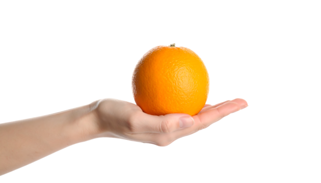 A hand holds a fresh orange, symbolizing a healthy and natural fruit offering.