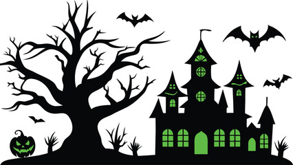 Spooky Halloween Castle with Bats and Tree Silhouette on transparent background