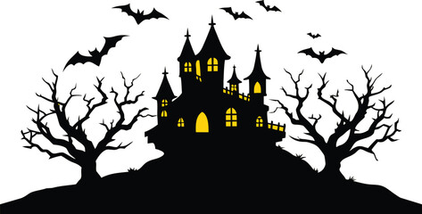 Spooky Halloween Castle Silhouette with Bats and Bare Trees on transparent background
