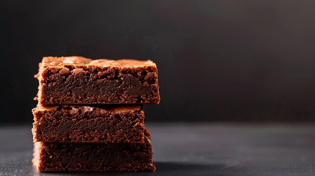 Stack of rich chocolate brownies on a dark surface