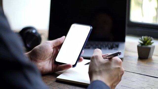 Man in Suit Holding Smartphone with Blank Screen Writing in Notebook on Wooden Desk with Laptop and Headphones