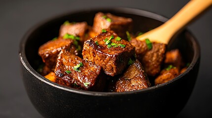 Hearty beef stew with wooden spoon in a black bowl