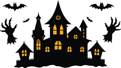 Spooky Halloween Haunted House with Bats and Hands on transparent background