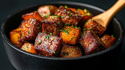 Hearty beef stew with potatoes and carrots in a black pot