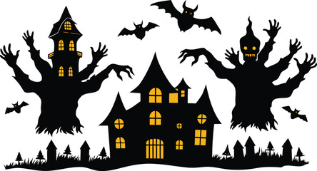 Spooky Haunted House Silhouettes with Bats and Trees on Transparent Background