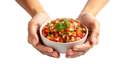 Two hands cradle a white bowl filled with fresh tomato salsa topped with cilantro.