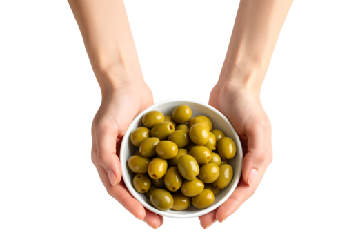 Two hands are holding a white bowl filled with green olives.