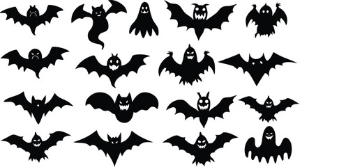 Halloween Bats and Ghosts Silhouettes Collection on Transparent Background