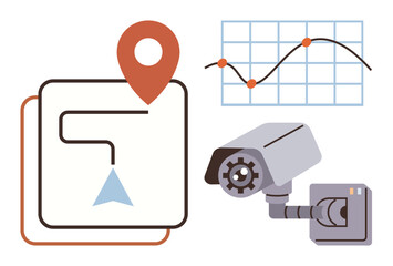 Navigation map with location pin, surveillance camera, and line graph illustrating data tracking and analysis. Ideal for security, monitoring, analytics, technology, surveillance systems, navigation