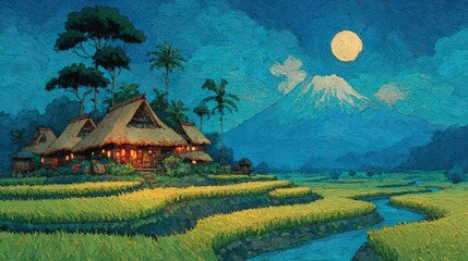 Traditional House illuminated at night, set amidst rice fields, under a moonlit mountain