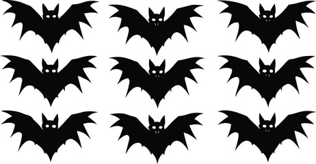 Nine Black Bat Silhouettes Arranged in a Grid Pattern on transparent background