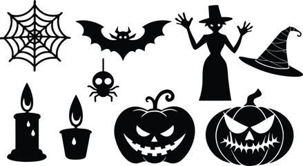 Halloween Silhouettes Bat Spider Witch Pumpkin Candle on transparent background