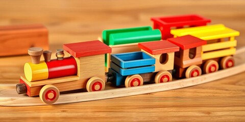 Fototapeta premium Natural wooden train set with colorful wagons, ready for imaginative play, preschool toys, early learning