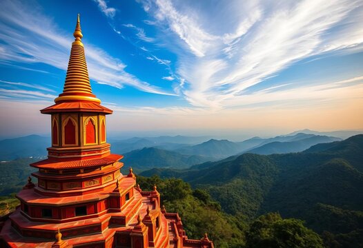 Panoramic mountain vista from Dhart Zom Doi Kabar Aye Pagoda terrace, Kengtung, Myanmar,  terrace,  stunning