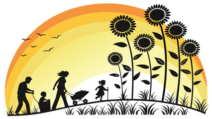 Silhouette Family Walking at Sunset with Sunflowers, Warm and Happy Family Scene, Vector Illustration, Childrens Book, Card Design,  Peaceful and Joyful Mood.