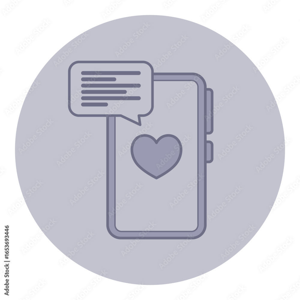Poster simple line icon of smartphone with speech bubble containing text and heart symbol. communication an
