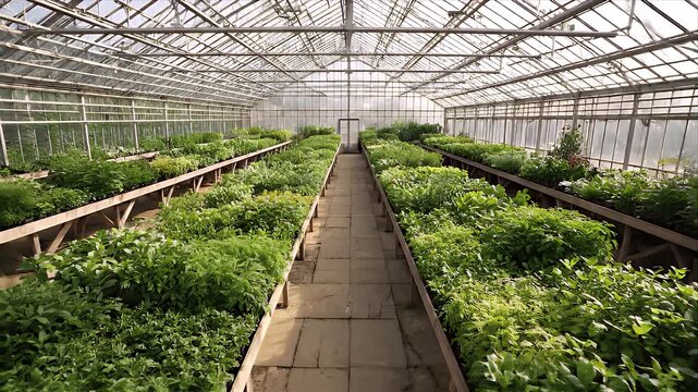 Indoor greenhouse shot featuring diverse plant life. Rows of potted plants thrive under a glass roof, showcasing botany, horticulture, and plant nursery concepts
