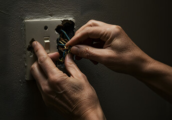 Hands repairing electrical switch