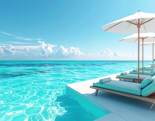 Fototapeta premium A serene ocean scene featuring turquoise waters, white lounge chairs, and umbrellas under a bright blue sky, perfect for relaxation.