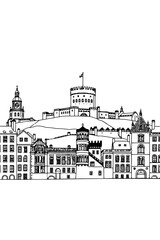 Obraz premium Edinburgh, UK Scotland black and white coloring page for adults. European city, cityscape, bridge, landmarks, cathedral, castle vector outline doodle sketch for anti stress color book