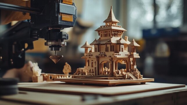 CNC wood carving, intricate model house, workshop setting, machine in the background