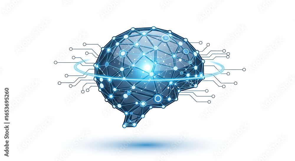 Poster a digital brain with glowing connections on a white background representing ai technology ai generat