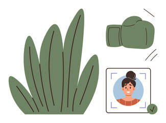 Boxing glove, plant, and approved face recognition symbolize technology, privacy, and security innovation. Ideal for facial identification, AI, privacy, protection technology ethics nature