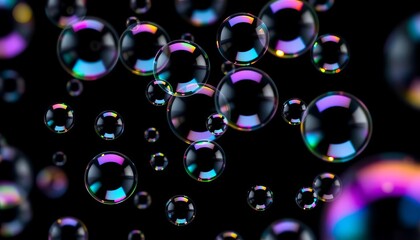 Naklejka premium Close-up of iridescent soap bubbles on black background, isolated, illustration, hygiene