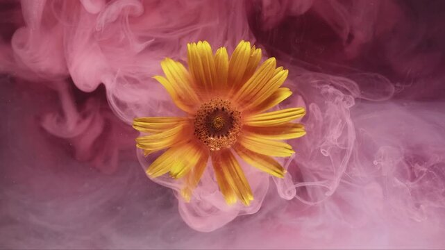 Fog flower. Ethereal smoke. Defocused pink color leopards bane texture nature yellow ink flowing in water on abstract dark black background.
