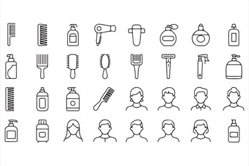 Hairdressing and Barber Icons Set – Comb, Hairbrush, Shampoo and Hairdryer Vector